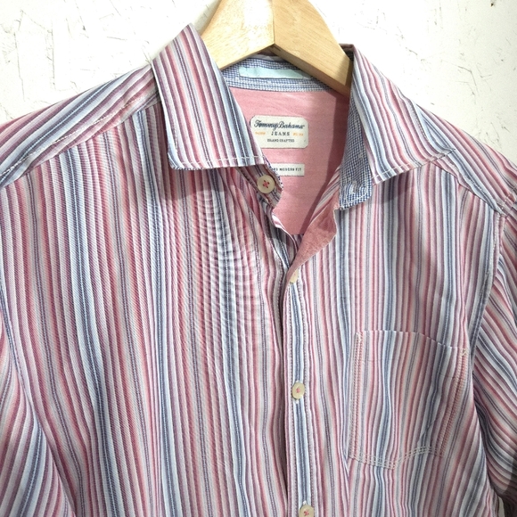 Tommy Bahama | Men's Striped Pink and Blue Button Down Shirt - Picture 3 of 10